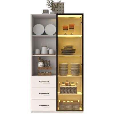 ELVMI Vetrina Con 1 Porta In Vetro Temperato, 3 Cassetti, 3 Vani Aperti E Led Per Soggiorno In Pannello, 80×40×160 Cm Bianco ELVMI Vetrina Con 1 Porta In Vetro Temperato, 3 Cassetti, 3 Vani Aperti E Led Per Soggiorno In Pannello, 80×40×160 Cm Bianco