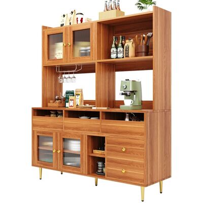 STILVORA Credenza Alta Da Cucina Con Vani Aperti, Anta In Vetro Cannelato E Portabottiglie, In Mdf, 145 X 39 X 171 Cm STILVORA Credenza Alta Da Cucina Con Vani Aperti, Anta In Vetro Cannelato E Portabottiglie, In Mdf, 145 X 39 X 171 Cm