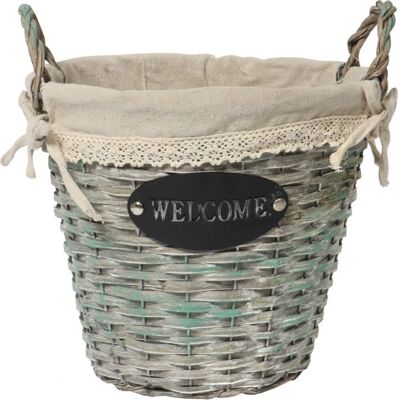 OEM Cesto In Vimini Con Manici, Inserto In Lino E Cartello Decorativo Di Benvenuto, Grigio. OEM Cesto In Vimini Con Manici, Inserto In Lino E Cartello Decorativo Di Benvenuto, Grigio.