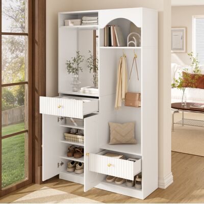 HAUSS SPOLE Appendiabiti Compatto Da Ingresso Con Specchio, Panca, Appendiabiti, Contenitore E Scarpiera, Bianco HAUSS SPOLE Appendiabiti Compatto Da Ingresso Con Specchio, Panca, Appendiabiti, Contenitore E Scarpiera, Bianco