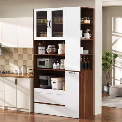 OKWISH Credenze E Buffet Con Ripiani Regolabili, 2 Cassetti E Vetro Scanalato, In Bianco E Noce, 100x40x200 Cm OKWISH Credenze E Buffet Con Ripiani Regolabili, 2 Cassetti E Vetro Scanalato, In Bianco E Noce, 100x40x200 Cm