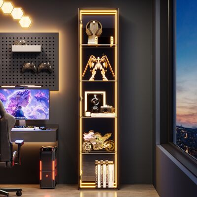 NMONET Vetrina In Vetro Mobile Contenitore Con Luci Led E Specchio Interno, 5 Ripiani, Stile Moderno, 30x30x160 Cm, Nero NMONET Vetrina In Vetro Mobile Contenitore Con Luci Led E Specchio Interno, 5 Ripiani, Stile Moderno, 30x30x160 Cm, Nero