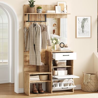NALOOKAMIC Mobile Da Ingresso 100x38,5x190 Cm Con Specchio, Panca Porta Scarpe, Mensola Appendiabiti, Ampio Spazio Contenitivo, Bianco + Legno Naturale NALOOKAMIC Mobile Da Ingresso 100x38,5x190 Cm Con Specchio, Panca Porta Scarpe, Mensola Appendiabiti, Ampio Spazio Contenitivo, Bianco + Legno Naturale