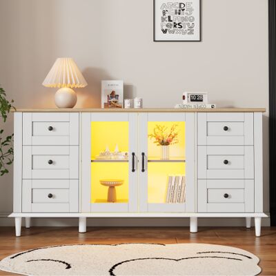 OKWISH Buffet 150x40x75 Cm, Mobile Da Sala Da Pranzo Con 2 Ante In Acrilico, 6 Cassetti, Illuminazione Led, Scomparti Senza Maniglia – Bianco E Legno OKWISH Buffet 150x40x75 Cm, Mobile Da Sala Da Pranzo Con 2 Ante In Acrilico, 6 Cassetti, Illuminazione Led, Scomparti Senza Maniglia – Bianco E Legno