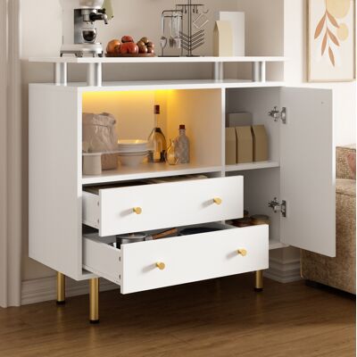 MODFU Vetrina A Led 80x35x80 Cm Con Ante E Cassetti In Vetro, Gambe Alte 15 Cm, In Truciolato Bianco. MODFU Vetrina A Led 80x35x80 Cm Con Ante E Cassetti In Vetro, Gambe Alte 15 Cm, In Truciolato Bianco.