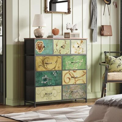 OEM Comò - Design Retrò - 9 Cassetti (3 Piccoli + 6 Grandi) - Multicolore Motivi Retrò - Piano In Legno & Struttura In Metallo OEM Comò - Design Retrò - 9 Cassetti (3 Piccoli + 6 Grandi) - Multicolore Motivi Retrò - Piano In Legno & Struttura In Metallo