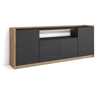 SKRAUT HOME - Credenza, Mobile, Cucina, Madia, Mobile Ingresso, 207x37x80cm, 4 Porte, Led, Stile Moderno, Nero E Rovere SKRAUT HOME - Credenza, Mobile, Cucina, Madia, Mobile Ingresso, 207x37x80cm, 4 Porte, Led, Stile Moderno, Nero E Rovere