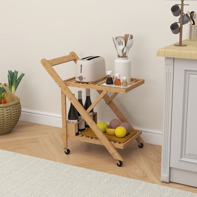 PZCC Carrello Da Cucina In Bambù, Carrello Di Servizio Pieghevole Con 2 Ripiani, 4 Ruote E 3 Portabottiglie, 66 X 40 X 70 Cm, Legno Naturale PZCC Carrello Da Cucina In Bambù, Carrello Di Servizio Pieghevole Con 2 Ripiani, 4 Ruote E 3 Portabottiglie, 66 X 40 X 70 Cm, Legno Naturale
