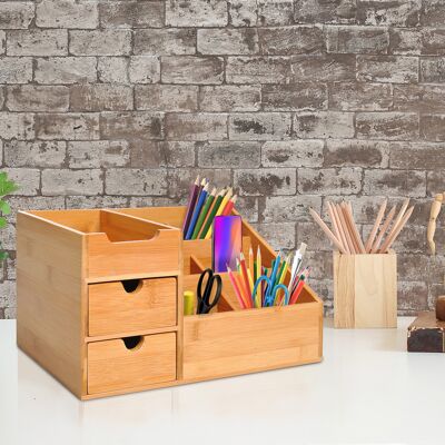 PZCC Organizzatore Da Scrivania In Bambù Homcom, Organizer Da Tavolo Con 2 Cassetti, 6 Scomparti E Ripiano Per Casa E Ufficio, 33x20,5x15,5 Cm, Naturale PZCC Organizzatore Da Scrivania In Bambù Homcom, Organizer Da Tavolo Con 2 Cassetti, 6 Scomparti E Ripiano Per Casa E Ufficio, 33x20,5x15,5 Cm, Naturale