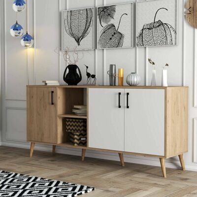 DMORA Credenza Vardah, Madia 3 Ripiani, 3 Ante, 7 Vani, 180x45x80h Cm Marrone Quercia DMORA Credenza Vardah, Madia 3 Ripiani, 3 Ante, 7 Vani, 180x45x80h Cm Marrone Quercia