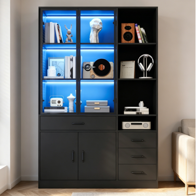 COVREO Vetrina Libreria 120x35x200 Cm Nera In Pannello Truciolare E Vetro Con Led, 4 Cassetti E 13 Vani COVREO Vetrina Libreria 120x35x200 Cm Nera In Pannello Truciolare E Vetro Con Led, 4 Cassetti E 13 Vani