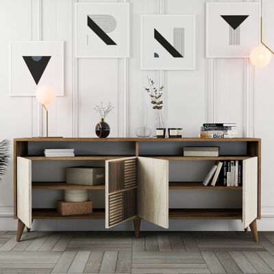 DMORA Credenza Roattos, Madia 2 Ripiani, 4 Ante, 6 Vani, 180x35x78h Cm Beige Marmo DMORA Credenza Roattos, Madia 2 Ripiani, 4 Ante, 6 Vani, 180x35x78h Cm Beige Marmo