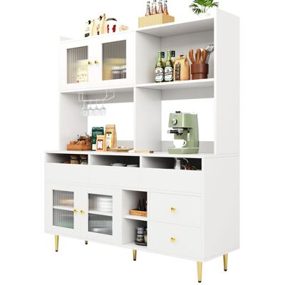 STILVORA Credenza Alta Da Cucina Con Ante In Vetro Rigato, Cassetti E Portabottiglie, In Mdf, 145x39x171 Cm, Bianco STILVORA Credenza Alta Da Cucina Con Ante In Vetro Rigato, Cassetti E Portabottiglie, In Mdf, 145x39x171 Cm, Bianco