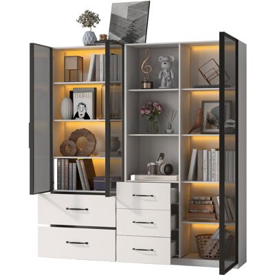 MODENVIE Vetrina Libreria Modulare Con 5 Cassetti E Vani Aperti, Led, Per Soggiorno, In Pannelli Di Particelle, 140 X 40 X 160 Cm MODENVIE Vetrina Libreria Modulare Con 5 Cassetti E Vani Aperti, Led, Per Soggiorno, In Pannelli Di Particelle, 140 X 40 X 160 Cm