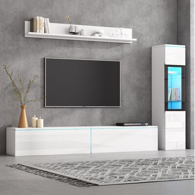 BEAOK Mobile Tv Set 3 Pezzi In Pannello Truciolare Bianco Lucido Con Led Rgb, Vetrina E Mensola, 180x33x30 Cm BEAOK Mobile Tv Set 3 Pezzi In Pannello Truciolare Bianco Lucido Con Led Rgb, Vetrina E Mensola, 180x33x30 Cm