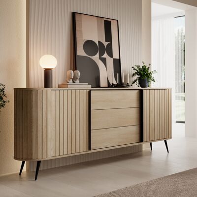 DMORA Credenza Hanira, Madia 3 Cassetti, 2 Ripiani, Apertura Scorrevole, 196x40x82h Cm Marrone Rovere DMORA Credenza Hanira, Madia 3 Cassetti, 2 Ripiani, Apertura Scorrevole, 196x40x82h Cm Marrone Rovere