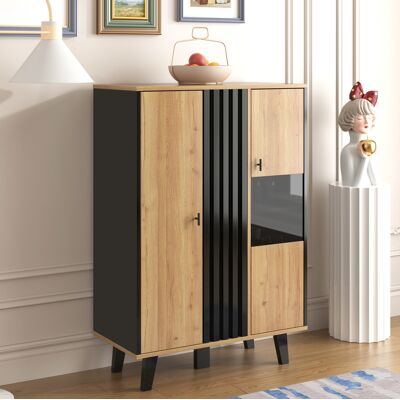 BEAOK Credenza Vetrina In Truciolare Effetto Legno E Nero 80 X 40 X 120 Cm, 2 Ante In Vetro Con Led, 3 Ripiani BEAOK Credenza Vetrina In Truciolare Effetto Legno E Nero 80 X 40 X 120 Cm, 2 Ante In Vetro Con Led, 3 Ripiani