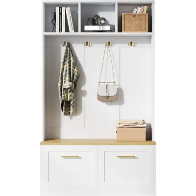 STILVORA Mobile Ingresso Con Panca, 2 Ante, Vani Aperti E 4 Ganci, Stile Moderno, In Mdf, Naturale E Bianco, 105×40×180 Cm STILVORA Mobile Ingresso Con Panca, 2 Ante, Vani Aperti E 4 Ganci, Stile Moderno, In Mdf, Naturale E Bianco, 105×40×180 Cm