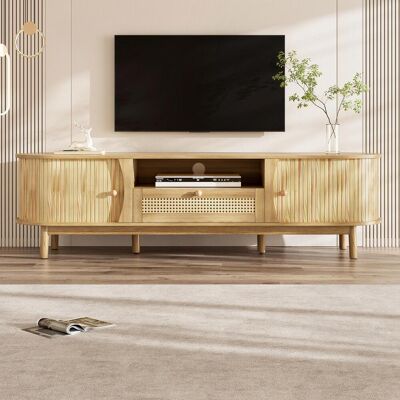 SOLKVUNZA Mobile Tv 165 Cm Con Ante Scorrevoli E Cassetti In Rattan, Madia Bassa Contenitore In Stile Scandinavo E Boho, Naturale SOLKVUNZA Mobile Tv 165 Cm Con Ante Scorrevoli E Cassetti In Rattan, Madia Bassa Contenitore In Stile Scandinavo E Boho, Naturale