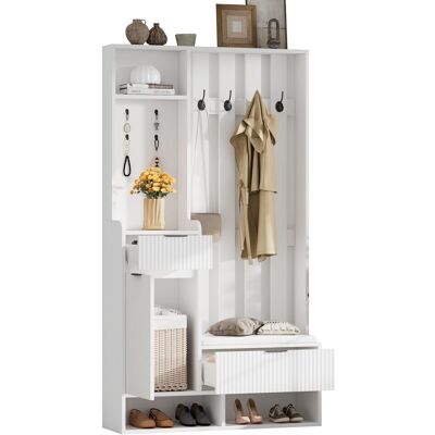 STILVORA Mobile Ingresso Con 8 Ganci, Panca Scarpiera, 2 Cassetti E 1 Armadio, Bianco, In Pannelli Di Truciolare, 100×30×180 Cm STILVORA Mobile Ingresso Con 8 Ganci, Panca Scarpiera, 2 Cassetti E 1 Armadio, Bianco, In Pannelli Di Truciolare, 100×30×180 Cm