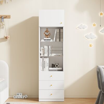 LONELYO Vetrina Mobiletto Alto 50x40x180cm Con Cassetti E Ripiani Regolabili In Vetro Stile Moderno Bianco LONELYO Vetrina Mobiletto Alto 50x40x180cm Con Cassetti E Ripiani Regolabili In Vetro Stile Moderno Bianco