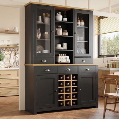 MODFU Credenza Alta 120x40x185 Cm Con Anta In Vetro, 5 Cassetti, Ripiano Regolabile E Portabottiglie Removibile, In Mdf Nero. MODFU Credenza Alta 120x40x185 Cm Con Anta In Vetro, 5 Cassetti, Ripiano Regolabile E Portabottiglie Removibile, In Mdf Nero.