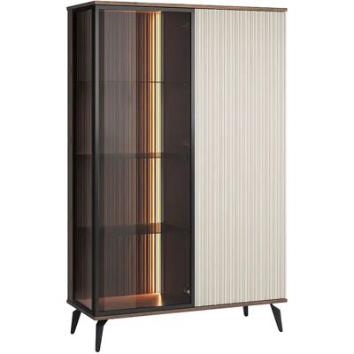 Unique Vetrina 2 Ante Con Led In Mdf E Vetro Fumé Beige E Naturale Scuro - Janeya Unique Vetrina 2 Ante Con Led In Mdf E Vetro Fumé Beige E Naturale Scuro - Janeya
