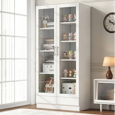 MODFU Vetrina 80x40x160 Cm Con 2 Cassetti, Ante In Vetro Temperato, Scomparti, Mdf Bianco MODFU Vetrina 80x40x160 Cm Con 2 Cassetti, Ante In Vetro Temperato, Scomparti, Mdf Bianco