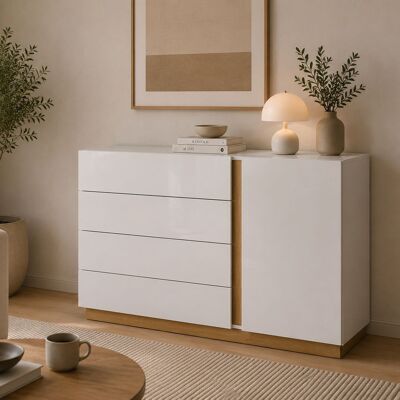 DMORA Credenza Halana, Madia 4 Cassetti, Un Ripiano, Apertura Battente, Scorrevole, 138x40x91h Cm Bianco Lucido DMORA Credenza Halana, Madia 4 Cassetti, Un Ripiano, Apertura Battente, Scorrevole, 138x40x91h Cm Bianco Lucido
