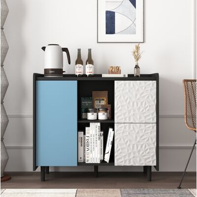 COVREO Credenza Buffet 90x40x80 Cm Nero E Blu In Mdf Con 2 Cassetti, Vani Aperti E Armadietto COVREO Credenza Buffet 90x40x80 Cm Nero E Blu In Mdf Con 2 Cassetti, Vani Aperti E Armadietto