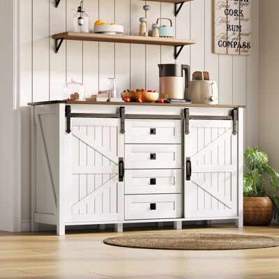 KELLANY Credenza Con Vano Contenitore, Mobiletto Laterale Largo 137 Cm Con Ante Scorrevoli E 4 Cassetti, Credenza Bar Vintage, Adatta Per Cucina, Sala Da Pranzo E Soggiorno, Bianca. KELLANY Credenza Con Vano Contenitore, Mobiletto Laterale Largo 137 Cm Con Ante Scorrevoli E 4 Cassetti, Credenza Bar Vintage, Adatta Per Cucina, Sala Da Pranzo E Soggiorno, Bianca.