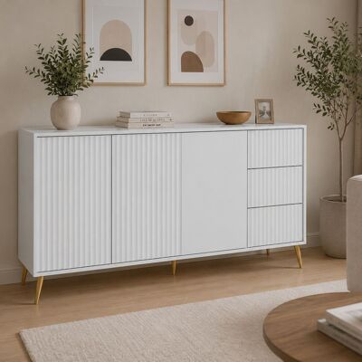 DMORA Credenza Lenasi, Madia 3 Cassetti, 2 Ripiani, Apertura Battente, Scorrevole, 179x40x98h Cm Bianco DMORA Credenza Lenasi, Madia 3 Cassetti, 2 Ripiani, Apertura Battente, Scorrevole, 179x40x98h Cm Bianco