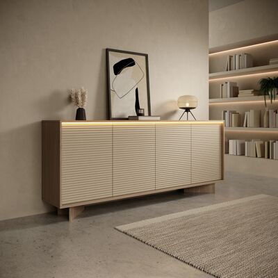 DMORA Credenza Hataga, Madia 4 Ripiani, Apertura Battente, 4 Ante, 204x40x84h Cm Marrone Rovere DMORA Credenza Hataga, Madia 4 Ripiani, Apertura Battente, 4 Ante, 204x40x84h Cm Marrone Rovere