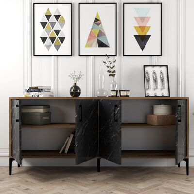 DMORA Credenza Pollein, Madia 2 Ripiani, 4 Ante, 4 Vani, 180x35x78h Cm Nero Marmo DMORA Credenza Pollein, Madia 2 Ripiani, 4 Ante, 4 Vani, 180x35x78h Cm Nero Marmo