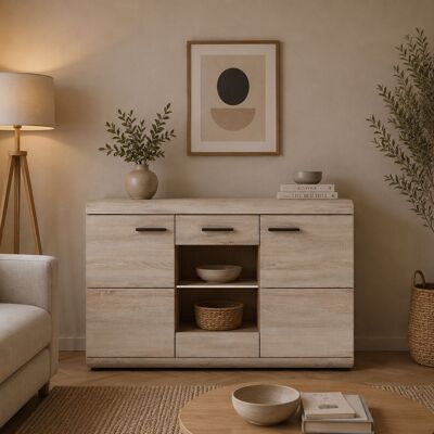 DMORA Credenza Hami, Madia 3 Ripiani, Apertura Battente, 3 Ante, 120x42x87h Cm Marrone Rovere DMORA Credenza Hami, Madia 3 Ripiani, Apertura Battente, 3 Ante, 120x42x87h Cm Marrone Rovere