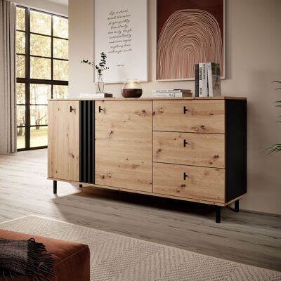 DMORA Credenza Haradali, Madia 3 Cassetti, 2 Ripiani, Apertura Battente, Scorrevole, 165x40x82h Cm Marrone Rovere Nodi DMORA Credenza Haradali, Madia 3 Cassetti, 2 Ripiani, Apertura Battente, Scorrevole, 165x40x82h Cm Marrone Rovere Nodi