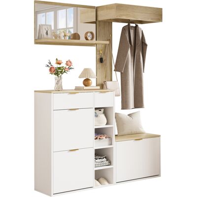 STILVORA Mobile Da Ingresso Con Scarpiera 2 Cassetti, Panca, Specchio Da Parete E Pannello Appendiabiti, 130×30×174 Cm STILVORA Mobile Da Ingresso Con Scarpiera 2 Cassetti, Panca, Specchio Da Parete E Pannello Appendiabiti, 130×30×174 Cm
