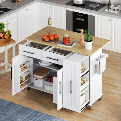 WISHDOR Isola Centrale Da Cucina Su Ruote Con Ribaltabile A 3 Livelli Scorrevoli, 2 Cassetti, Portasciugamani E Vani Portaoggetti, Bianco E Naturale WISHDOR Isola Centrale Da Cucina Su Ruote Con Ribaltabile A 3 Livelli Scorrevoli, 2 Cassetti, Portasciugamani E Vani Portaoggetti, Bianco E Naturale