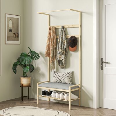 PZCC Appendiabiti Con Panca Porta Scarpe, Ganci E Vano Portaoggetti Per Ingresso, 73,5x34x171 Cm, Grigio E Naturale PZCC Appendiabiti Con Panca Porta Scarpe, Ganci E Vano Portaoggetti Per Ingresso, 73,5x34x171 Cm, Grigio E Naturale
