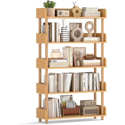 COSTWAY Libreria Verticale A 5 Livelli,con Gambe In Legno Di Pino,protezione Dei Bordi,per Soggiorno COSTWAY Libreria Verticale A 5 Livelli,con Gambe In Legno Di Pino,protezione Dei Bordi,per Soggiorno