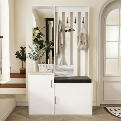 LONELYO Appendiabiti Multifunzione Con Specchio E Panca Imbottita 100x40x180 Cm, Mobile Da Ingresso Con Scarpiera, 2 Ante E 5 Scomparti, Stile Moderno, Bianco LONELYO Appendiabiti Multifunzione Con Specchio E Panca Imbottita 100x40x180 Cm, Mobile Da Ingresso Con Scarpiera, 2 Ante E 5 Scomparti, Stile Moderno, Bianco