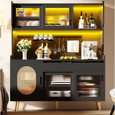 COVREO Buffet De Cuisine 145x39x171 Cm Noir En Mdf Avec Led, 5 Portes Et Grand Espace De Rangement COVREO Buffet De Cuisine 145x39x171 Cm Noir En Mdf Avec Led, 5 Portes Et Grand Espace De Rangement