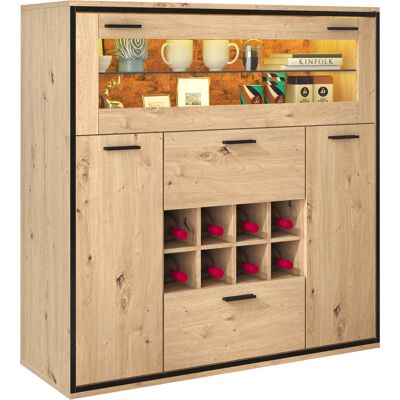 STILVORA Credenza Con 2 Ante, Portabottiglie E Divisorio In Vetro, Led 16 Colori, In Pannelli Di Particelle, Naturale, 110×38×111 Cm STILVORA Credenza Con 2 Ante, Portabottiglie E Divisorio In Vetro, Led 16 Colori, In Pannelli Di Particelle, Naturale, 110×38×111 Cm