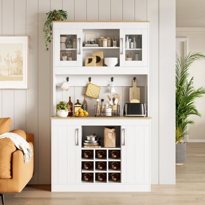 SOLKVUNZA Credenza Cucina Con Ante In Vetro E Portabottiglie – Mobile Contenitore Con Ganci, 106 X 39 X 175 Cm – Bianco E Legno Naturale In Stile Moderno SOLKVUNZA Credenza Cucina Con Ante In Vetro E Portabottiglie – Mobile Contenitore Con Ganci, 106 X 39 X 175 Cm – Bianco E Legno Naturale In Stile Moderno