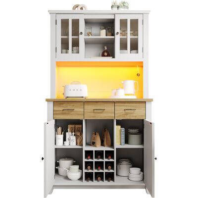 ELVMI Credenza Cucina Alta Con 6 Vani, 1 Cassetto, Portabottiglie Per 9 Bottiglie E Led Per Cucina, In Mdf, Bianco, 106 X 40 X 179.5 Cm ELVMI Credenza Cucina Alta Con 6 Vani, 1 Cassetto, Portabottiglie Per 9 Bottiglie E Led Per Cucina, In Mdf, Bianco, 106 X 40 X 179.5 Cm