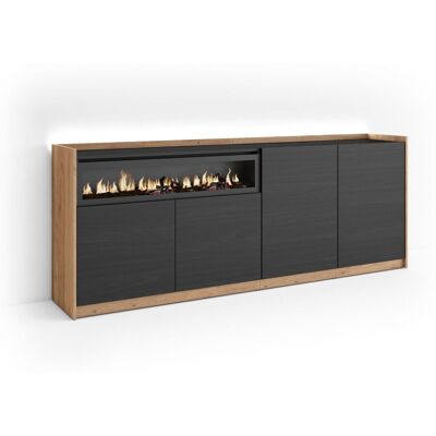 SKRAUT HOME - Credenza, Mobile, Cucina, Madia, Mobile Ingresso, 207x37x80cm, 4 Porte, Camino Elettrico, Led, Stile Moderno, Nero E Rovere SKRAUT HOME - Credenza, Mobile, Cucina, Madia, Mobile Ingresso, 207x37x80cm, 4 Porte, Camino Elettrico, Led, Stile Moderno, Nero E Rovere