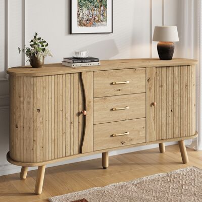 OKWISH Credenze E Buffet Con 2 Ante Scorrevoli E 3 Cassetti, Naturale, 150x36,5x75 Cm OKWISH Credenze E Buffet Con 2 Ante Scorrevoli E 3 Cassetti, Naturale, 150x36,5x75 Cm