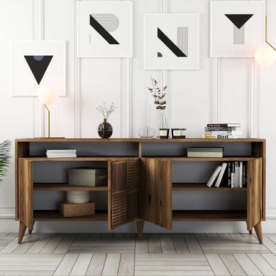 DMORA Credenza Falzes, Madia 2 Ripiani, 4 Ante, 6 Vani, 180x35x78h Cm Marrone Noce DMORA Credenza Falzes, Madia 2 Ripiani, 4 Ante, 6 Vani, 180x35x78h Cm Marrone Noce
