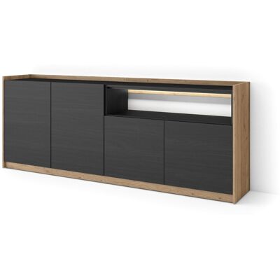 SKRAUT HOME - Credenza, Mobile, Cucina, Madia, Mobile Ingresso, 207x37x80cm, 4 Porte, Led, Stile Moderno, Nero E Rovere SKRAUT HOME - Credenza, Mobile, Cucina, Madia, Mobile Ingresso, 207x37x80cm, 4 Porte, Led, Stile Moderno, Nero E Rovere