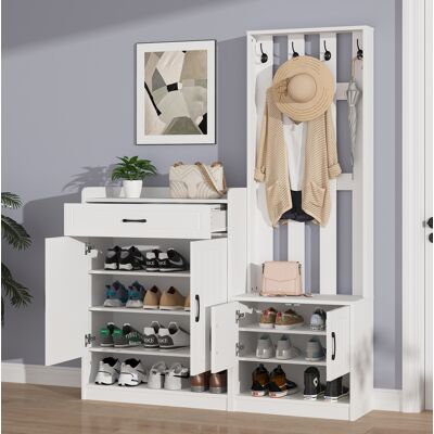 BEAOK Mobile Da Ingresso In Truciolare Bianco 140 X 32 X 180 Cm Con Panca, Scarpiera, Pannello Appendiabiti 4 Ganci BEAOK Mobile Da Ingresso In Truciolare Bianco 140 X 32 X 180 Cm Con Panca, Scarpiera, Pannello Appendiabiti 4 Ganci